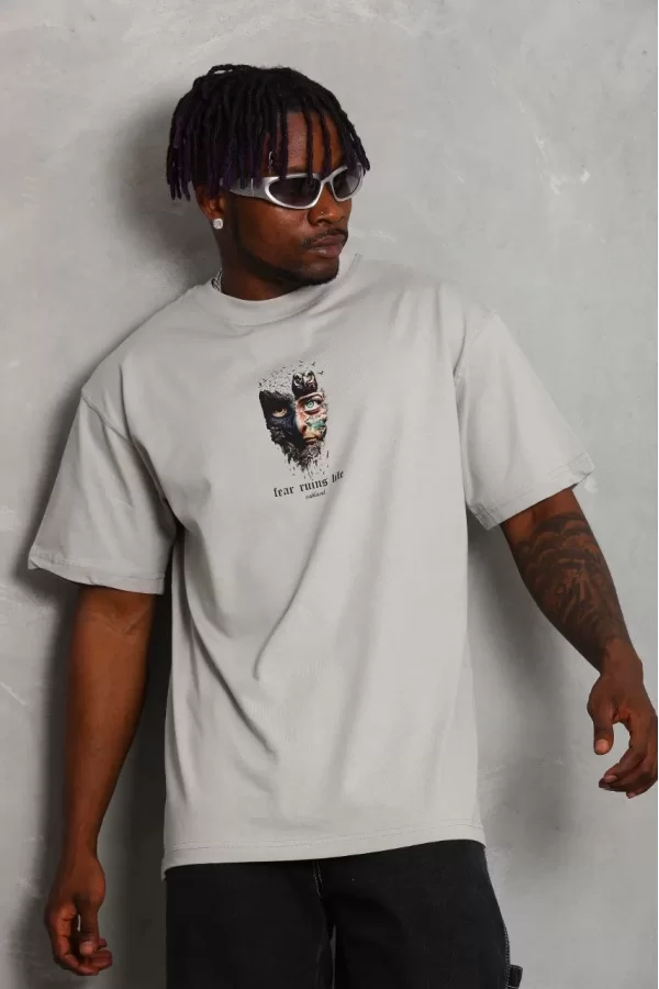 Luz&Pos Unisex Oversize Baskılı Bisiklet Yaka T-shirt - Gri