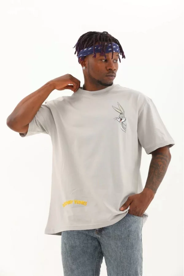 Luz&Pos Unisex Oversize Baskılı Bisiklet Yaka T-shirt - Gri