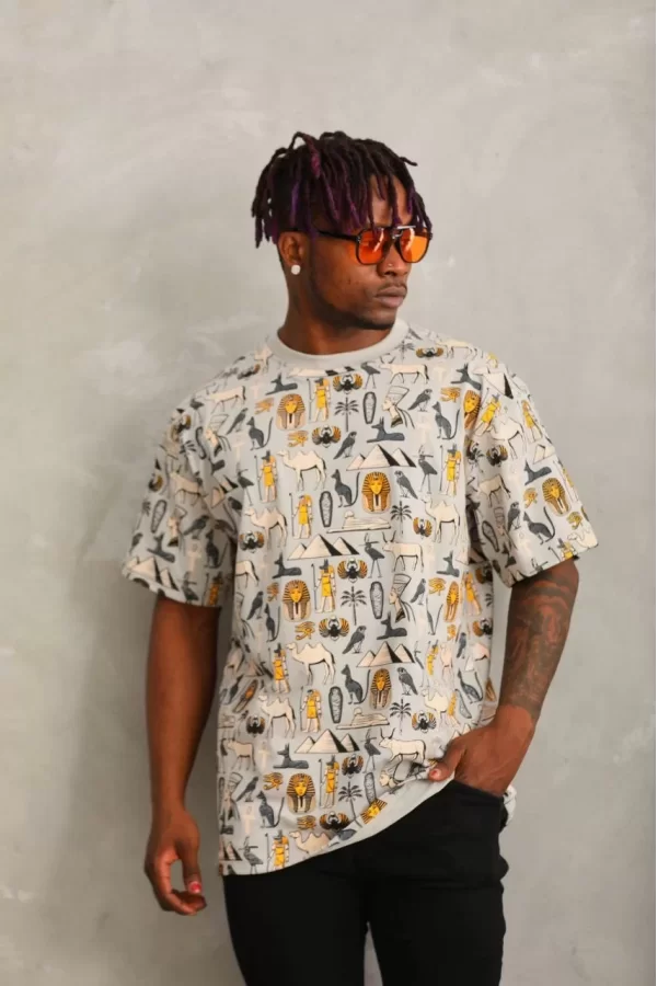 Luz&Pos Unisex Oversize Baskılı Bisiklet Yaka T-shirt - Gri