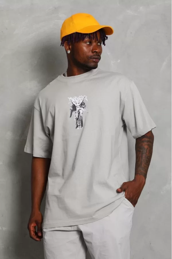 Luz&Pos Unisex Oversize Baskılı Bisiklet Yaka T-shirt - Gri