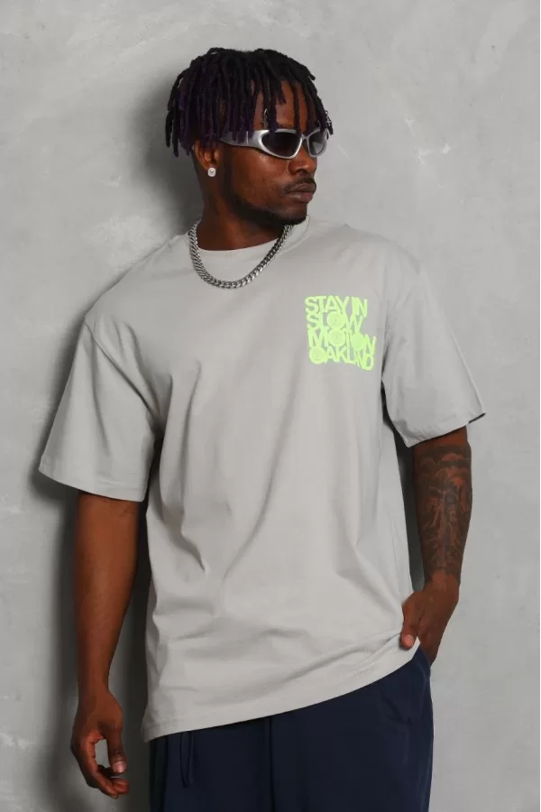 Luz&Pos Unisex Oversize Baskılı Bisiklet Yaka T-shirt - Gri