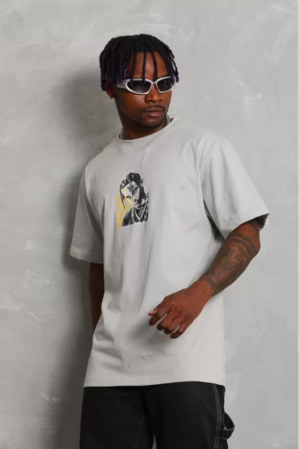 Luz&Pos Unisex Oversize Baskılı Bisiklet Yaka T-shirt - Gri