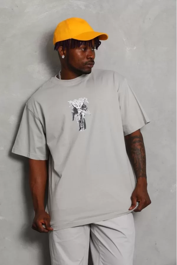 Luz&Pos Unisex Oversize Baskılı Bisiklet Yaka T-shirt - Gri