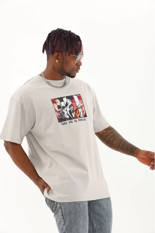 Luz&Pos Unisex Oversize Baskılı Bisiklet Yaka T-shirt - Gri