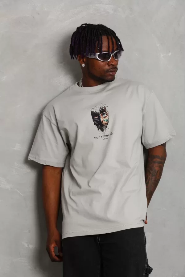Luz&Pos Unisex Oversize Baskılı Bisiklet Yaka T-shirt - Gri