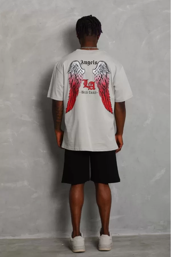 Luz&Pos Unisex Oversize Baskılı Bisiklet Yaka T-shirt - Gri