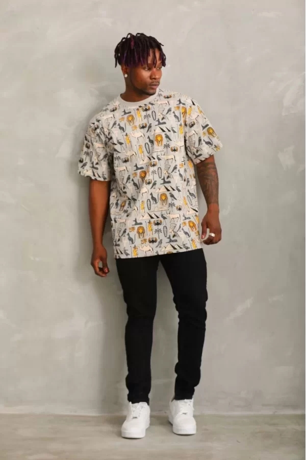Luz&Pos Unisex Oversize Baskılı Bisiklet Yaka T-shirt - Gri
