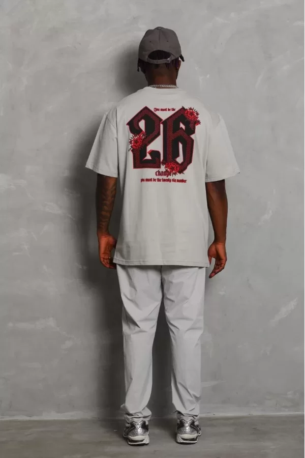 Luz&Pos Unisex Oversize Baskılı Bisiklet Yaka T-shirt - Gri