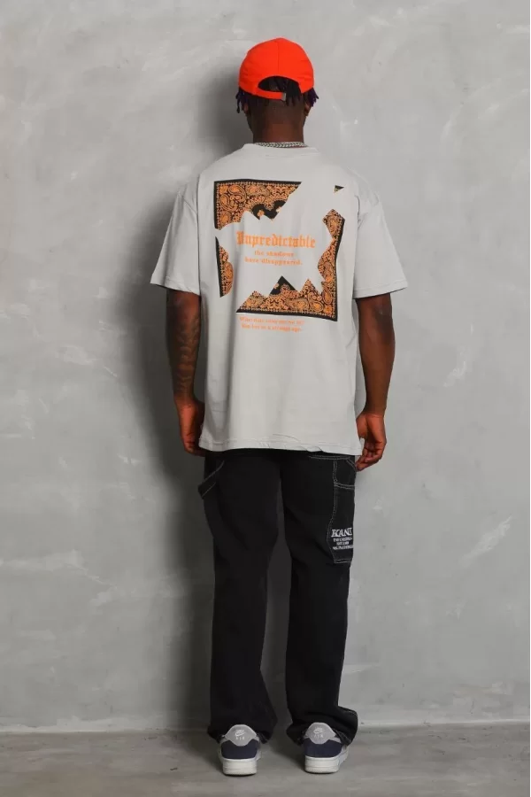 Luz&Pos Unisex Oversize Baskılı Bisiklet Yaka T-shirt - Gri