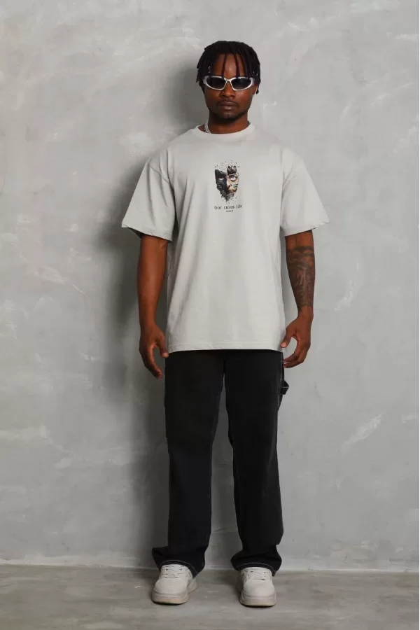Luz&Pos Unisex Oversize Baskılı Bisiklet Yaka T-shirt - Gri