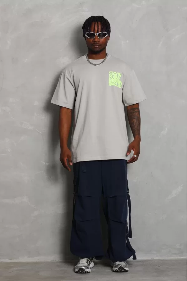 Luz&Pos Unisex Oversize Baskılı Bisiklet Yaka T-shirt - Gri