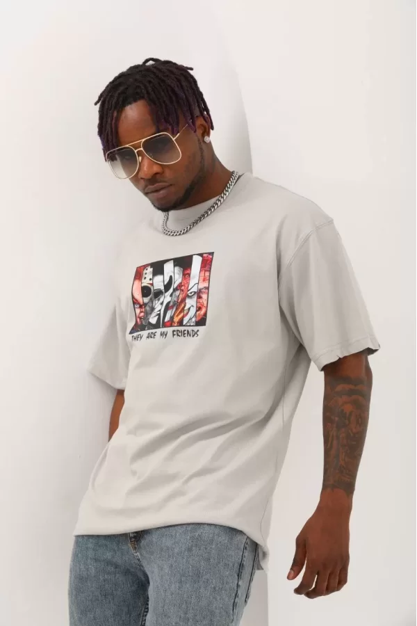 Luz&Pos Unisex Oversize Baskılı Bisiklet Yaka T-shirt - Gri