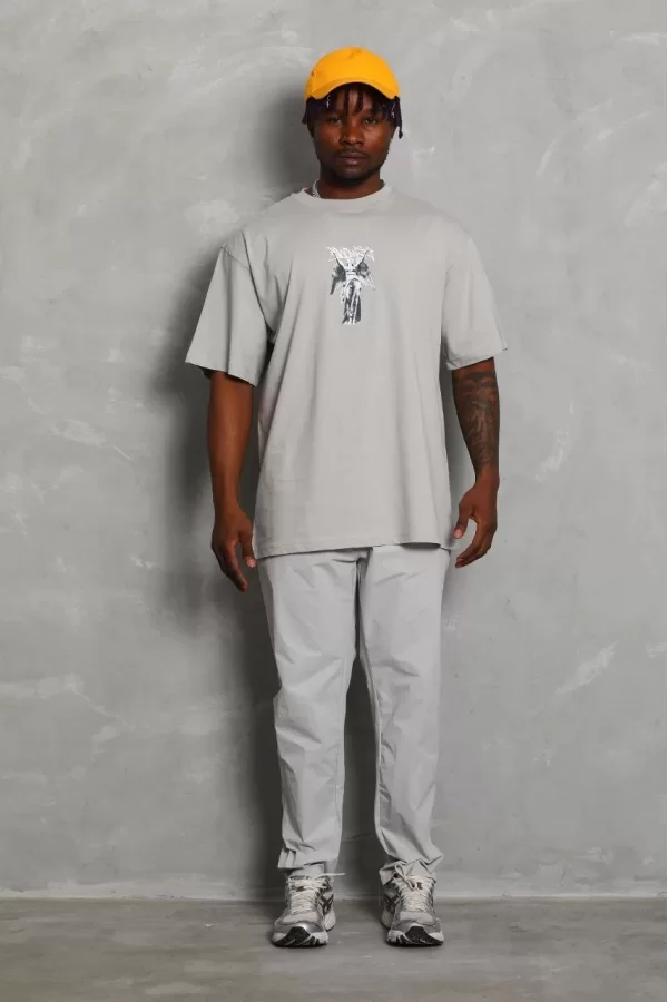 Luz&Pos Unisex Oversize Baskılı Bisiklet Yaka T-shirt - Gri