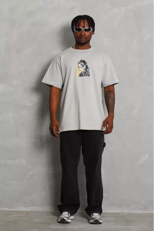 Luz&Pos Unisex Oversize Baskılı Bisiklet Yaka T-shirt - Gri