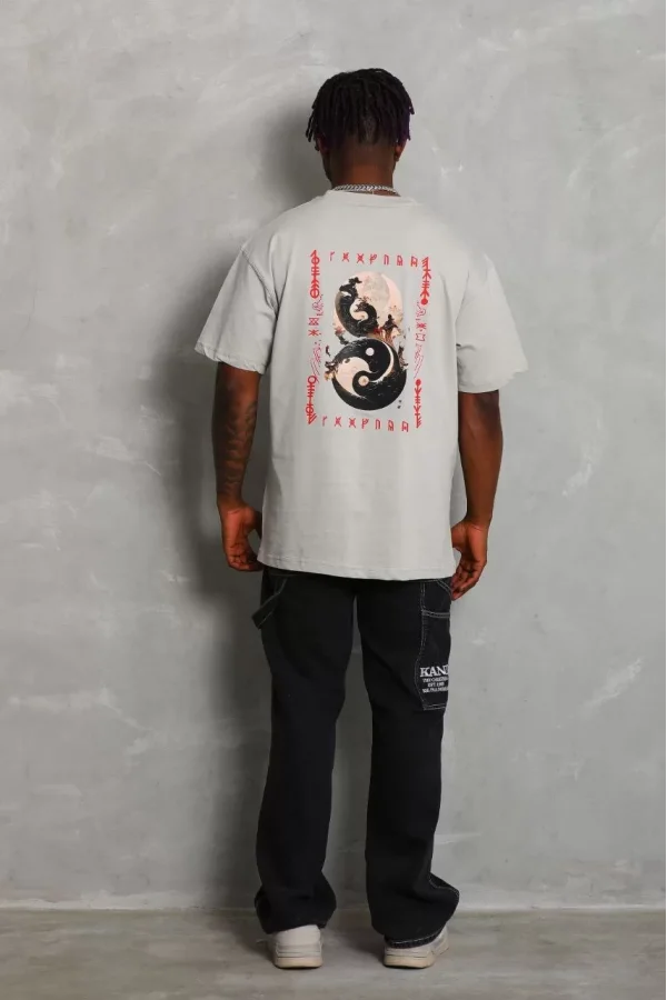 Luz&Pos Unisex Oversize Baskılı Bisiklet Yaka T-shirt - Gri