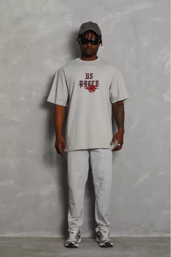 Luz&Pos Unisex Oversize Baskılı Bisiklet Yaka T-shirt - Gri
