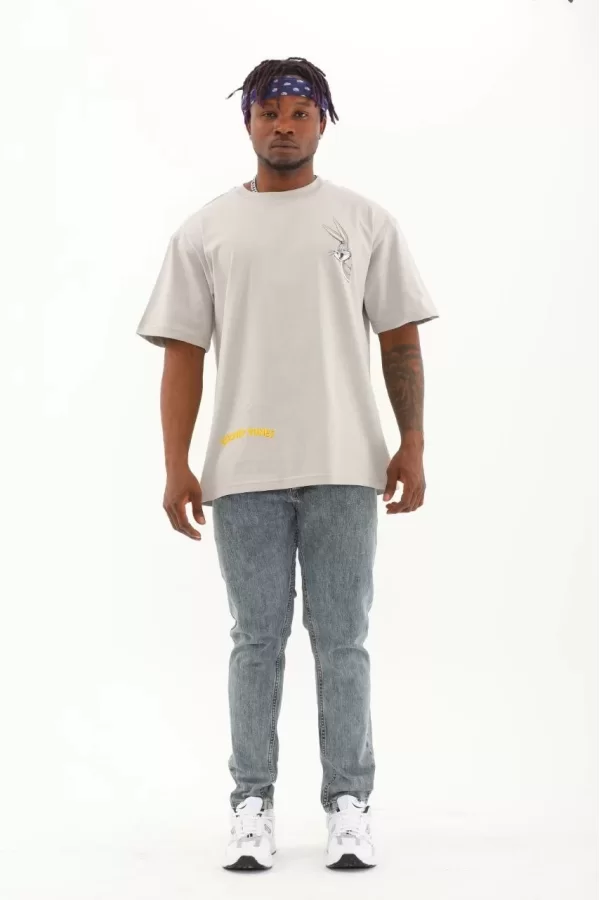 Luz&Pos Unisex Oversize Baskılı Bisiklet Yaka T-shirt - Gri