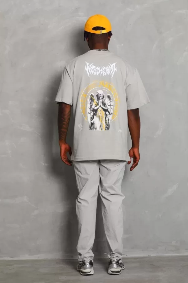 Luz&Pos Unisex Oversize Baskılı Bisiklet Yaka T-shirt - Gri