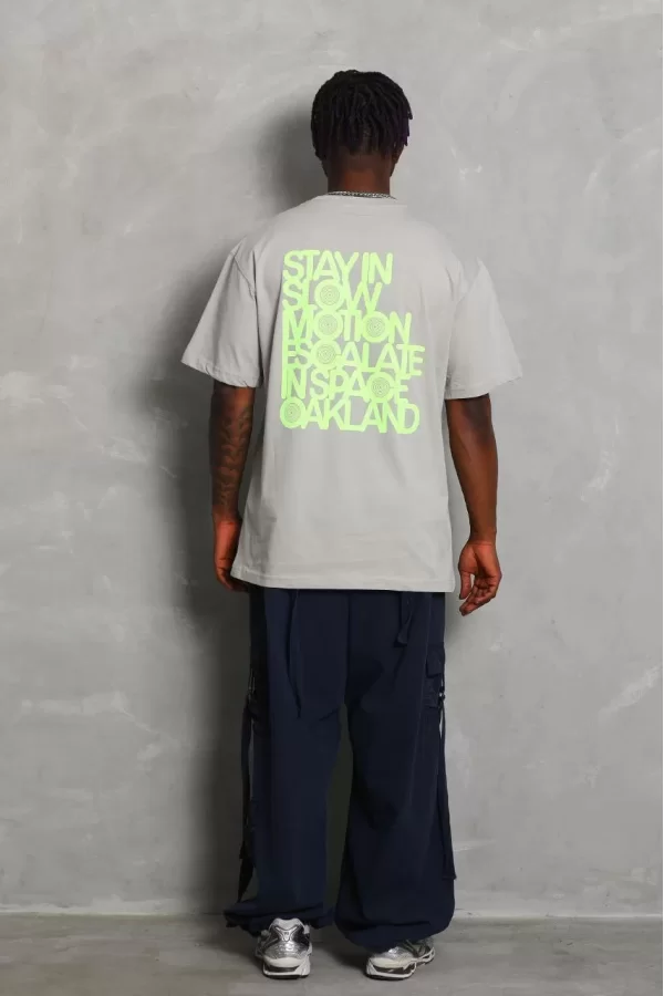 Luz&Pos Unisex Oversize Baskılı Bisiklet Yaka T-shirt - Gri
