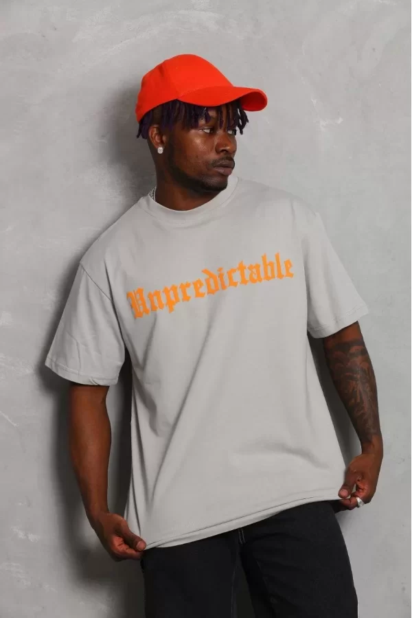 Luz&Pos Unisex Oversize Baskılı Bisiklet Yaka T-shirt - Gri