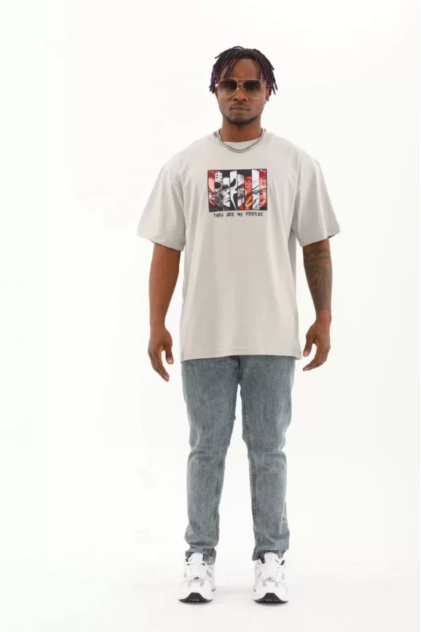 Luz&Pos Unisex Oversize Baskılı Bisiklet Yaka T-shirt - Gri