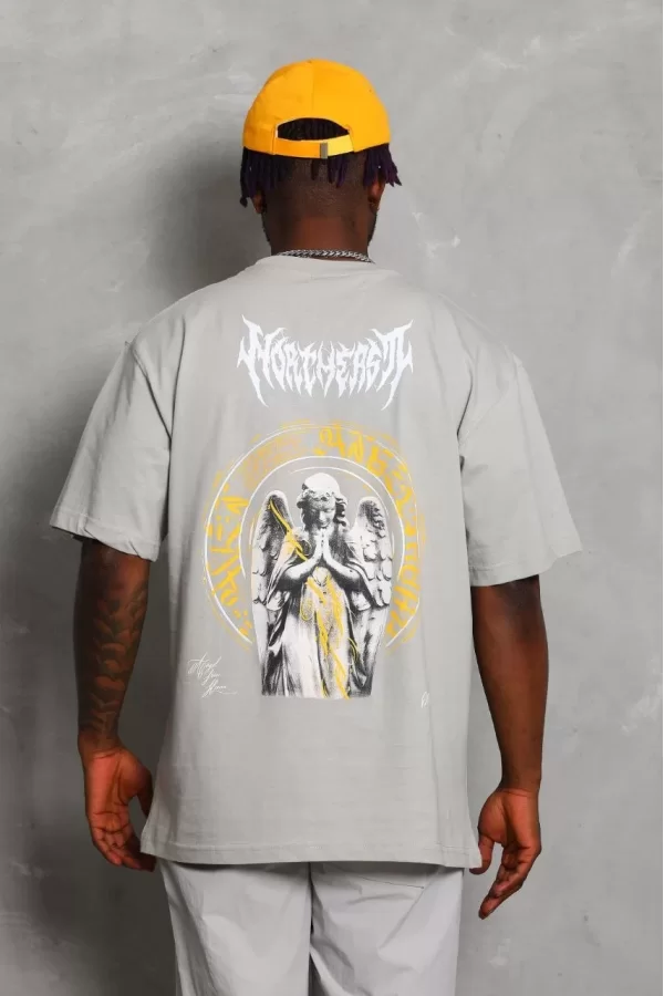 Luz&Pos Unisex Oversize Baskılı Bisiklet Yaka T-shirt - Gri