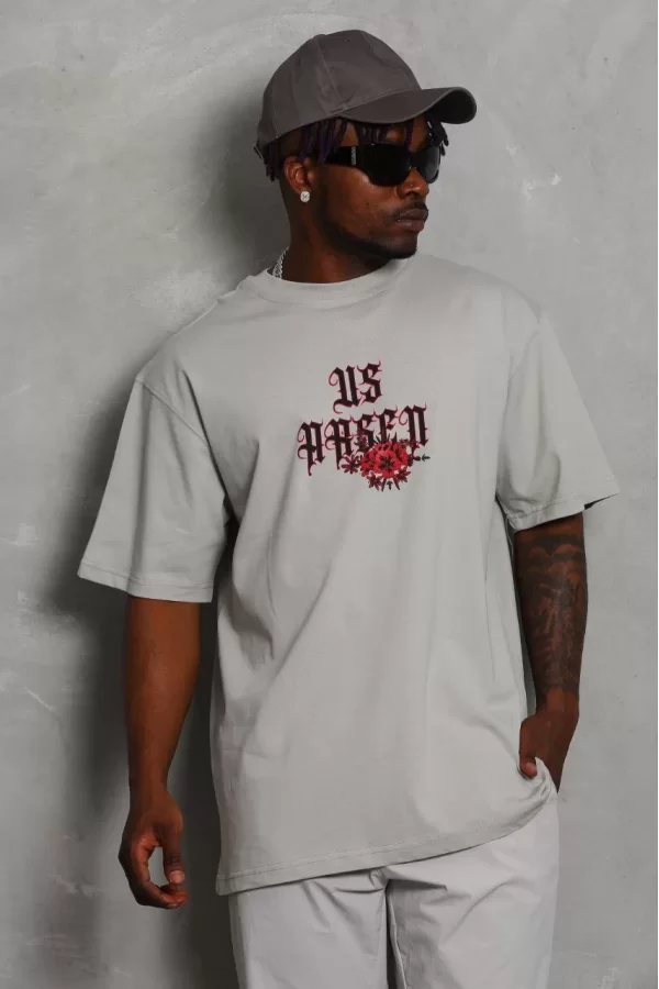 Luz&Pos Unisex Oversize Baskılı Bisiklet Yaka T-shirt - Gri