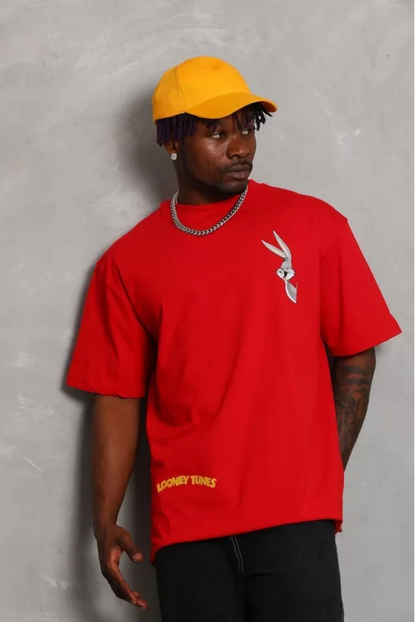 Luz&Pos Unisex Oversize Baskılı Bisiklet Yaka T-shirt - Kırmızı
