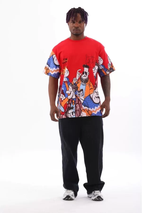 Luz&Pos Unisex Oversize Baskılı Bisiklet Yaka T-shirt - Kırmızı
