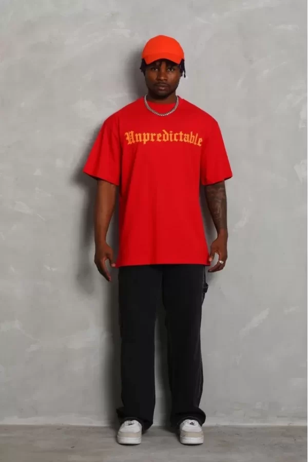 Unisex Oversize Baskılı Bisiklet Yaka T-Shirt - Kırmızı