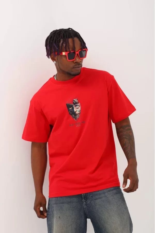 Luz&Pos Unisex Oversize Baskılı Bisiklet Yaka T-shirt - Kırmızı