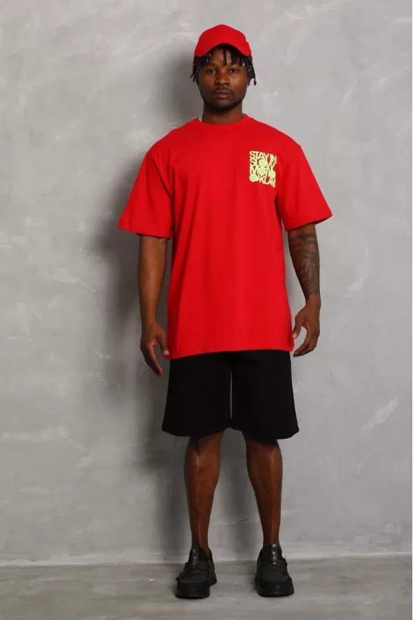 Luz&Pos Unisex Oversize Baskılı Bisiklet Yaka T-shirt - Kırmızı