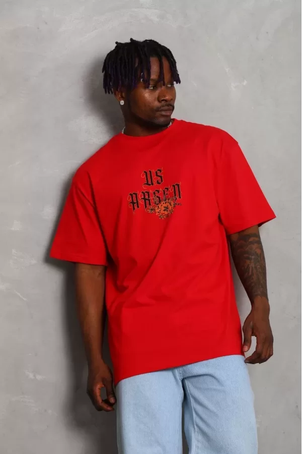 Luz&Pos Unisex Oversize Baskılı Bisiklet Yaka T-shirt - Kırmızı