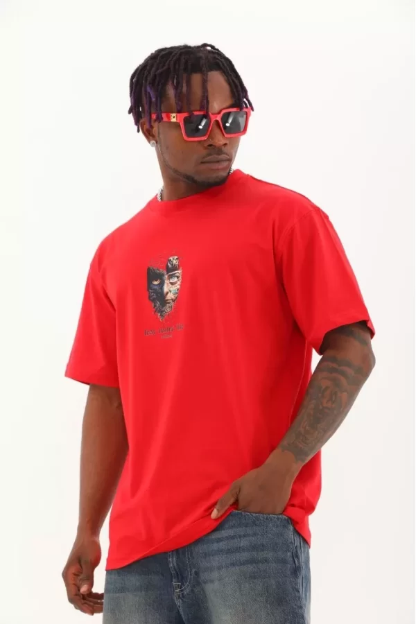 Luz&Pos Unisex Oversize Baskılı Bisiklet Yaka T-shirt - Kırmızı