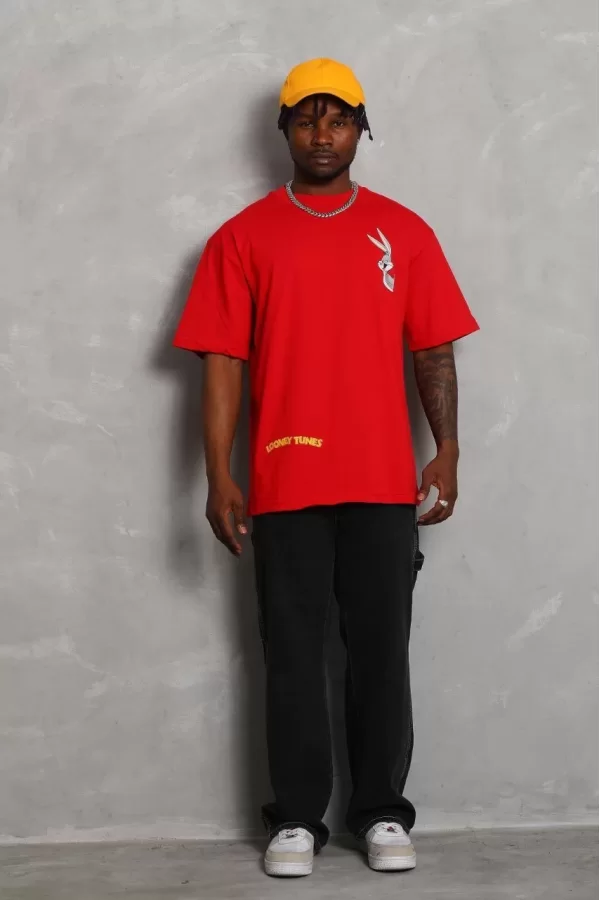 Luz&Pos Unisex Oversize Baskılı Bisiklet Yaka T-shirt - Kırmızı
