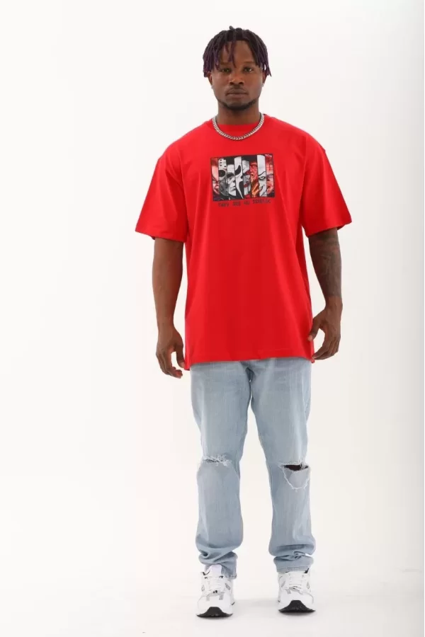 Luz&Pos Unisex Oversize Baskılı Bisiklet Yaka T-shirt - Kırmızı