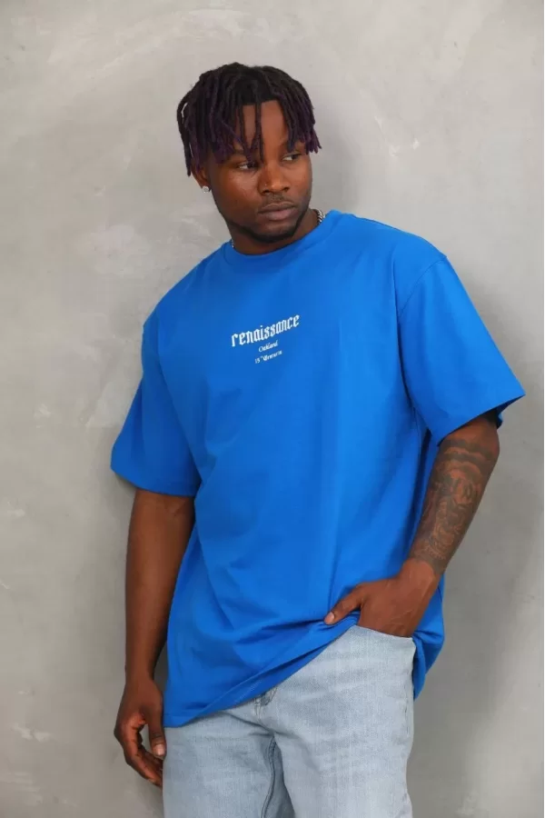 Luz&Pos Unisex Oversize Baskılı Bisiklet Yaka T-shirt - Mavi