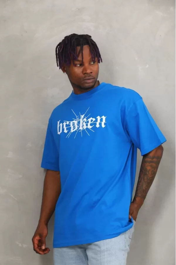 Luz&Pos Unisex Oversize Baskılı Bisiklet Yaka T-shirt - Mavi