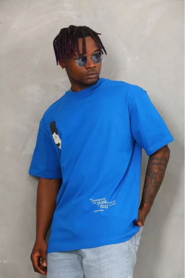 Luz&Pos Unisex Oversize Baskılı Bisiklet Yaka T-shirt - Mavi