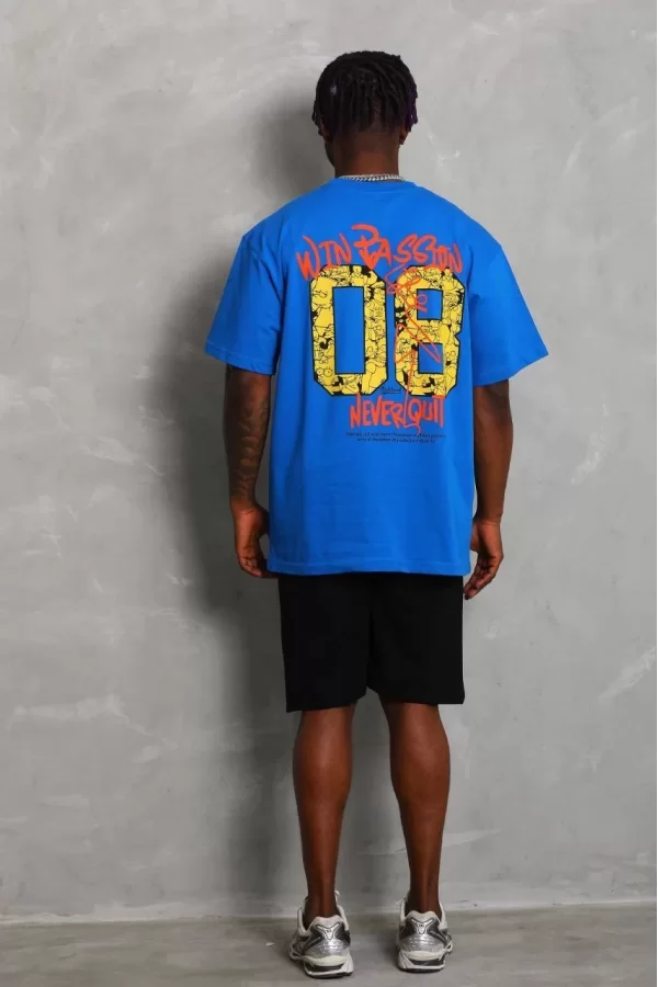 Luz&Pos Unisex Oversize Baskılı Bisiklet Yaka T-shirt - Mavi