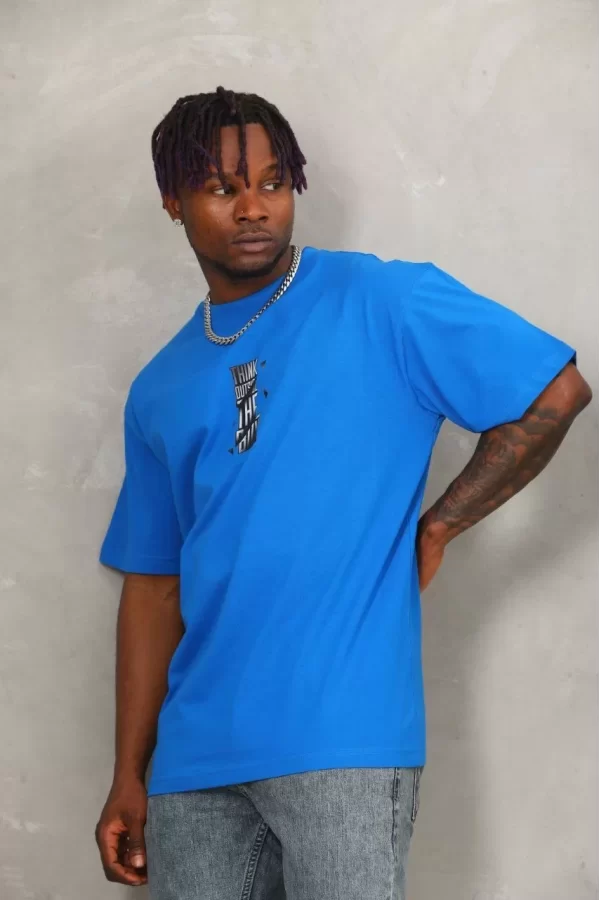 Luz&Pos Unisex Oversize Baskılı Bisiklet Yaka T-shirt - Mavi