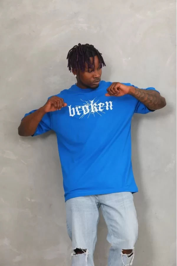Luz&Pos Unisex Oversize Baskılı Bisiklet Yaka T-shirt - Mavi