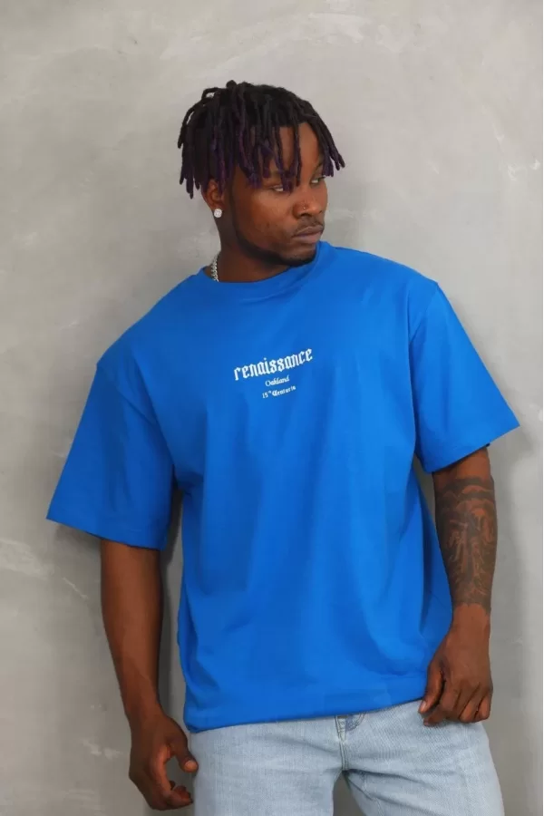 Luz&Pos Unisex Oversize Baskılı Bisiklet Yaka T-shirt - Mavi