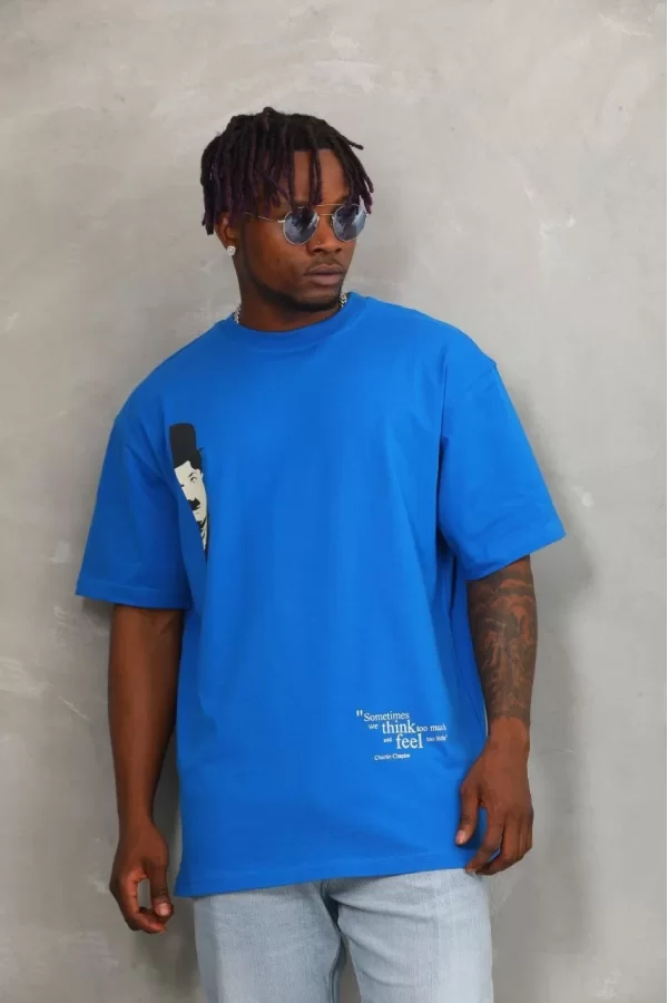 Luz&Pos Unisex Oversize Baskılı Bisiklet Yaka T-shirt - Mavi