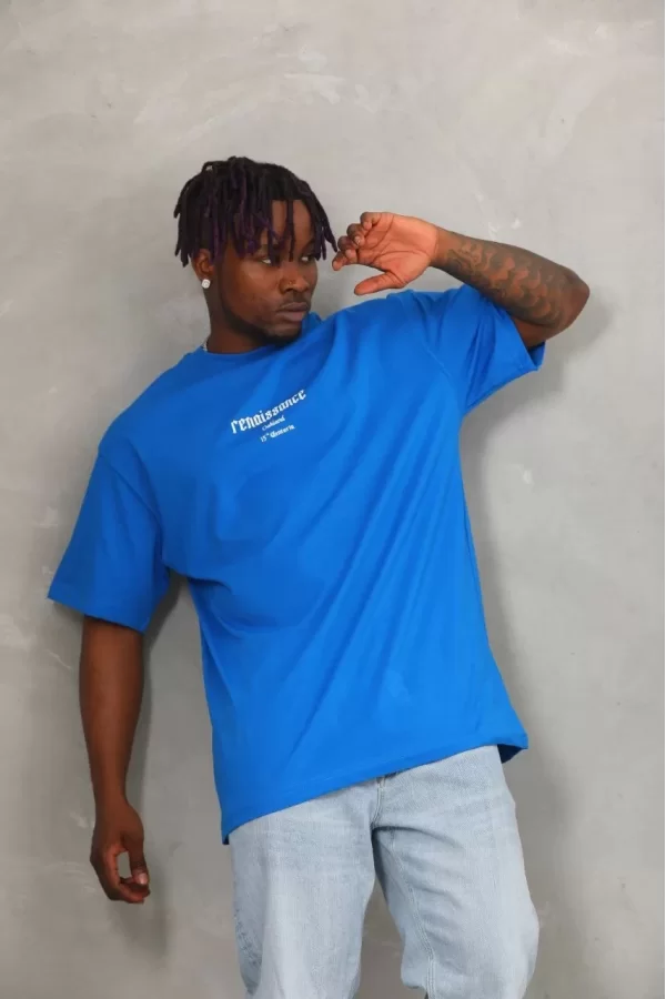 Luz&Pos Unisex Oversize Baskılı Bisiklet Yaka T-shirt - Mavi