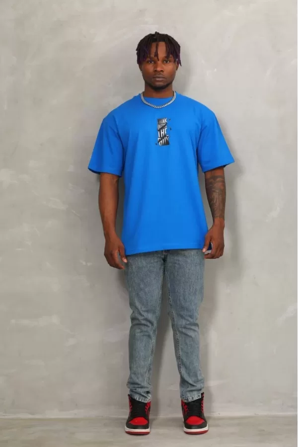 Luz&Pos Unisex Oversize Baskılı Bisiklet Yaka T-shirt - Mavi