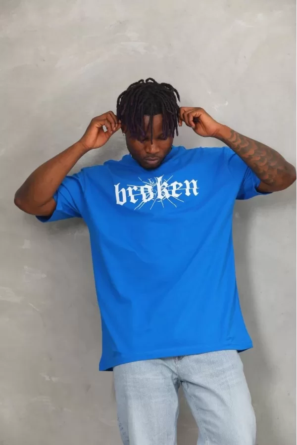 Luz&Pos Unisex Oversize Baskılı Bisiklet Yaka T-shirt - Mavi