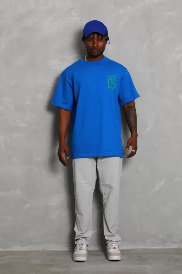 Luz&Pos Unisex Oversize Baskılı Bisiklet Yaka T-shirt - Mavi