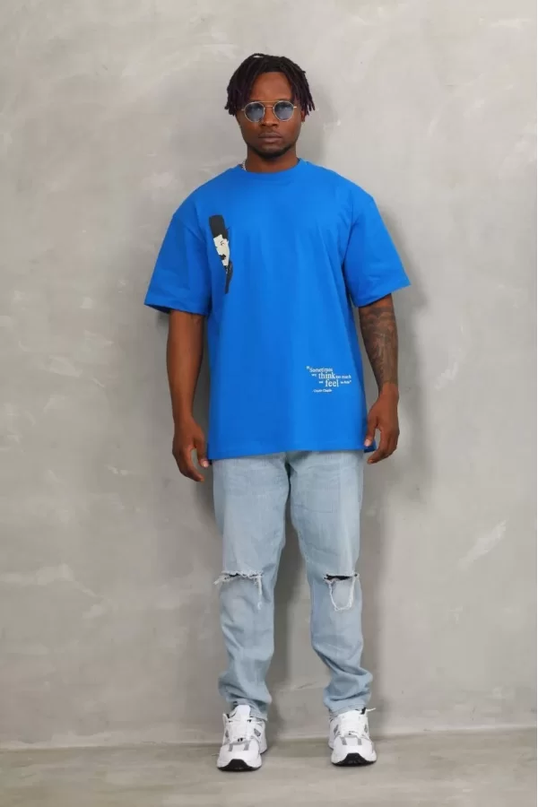 Luz&Pos Unisex Oversize Baskılı Bisiklet Yaka T-shirt - Mavi