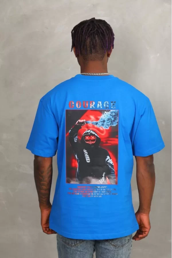 Luz&Pos Unisex Oversize Baskılı Bisiklet Yaka T-shirt - Mavi